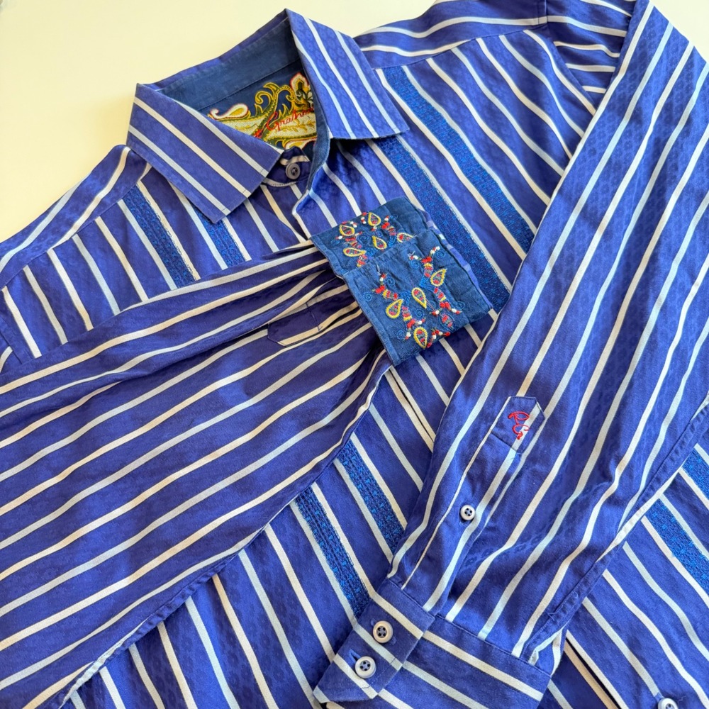 Robert Graham Blue White Striped Shirt Jacquard Paisley Embroidered Men's Large